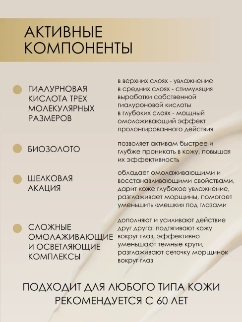 Крем-лифтинг вокруг глаз, омолаживающий корректирующий признаки возраста 60+ Гиалурон GOLD 20 мл